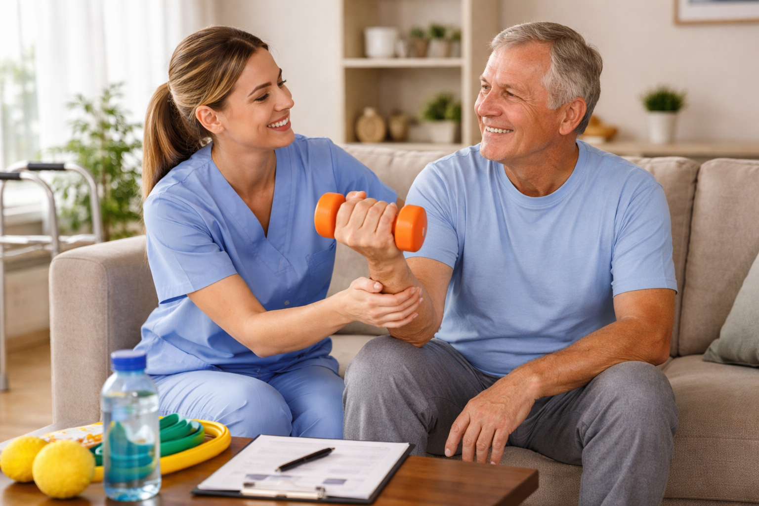 rehab workout with gentleman lifting weights